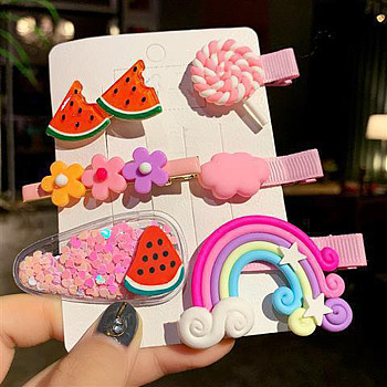 Cute Plastic Hair Clip Sets, Rainbow Flower Fruit Dessert Barrettes for Baby Girls Teens Toddlers, Pink, 30~60mm, 6pcs/set