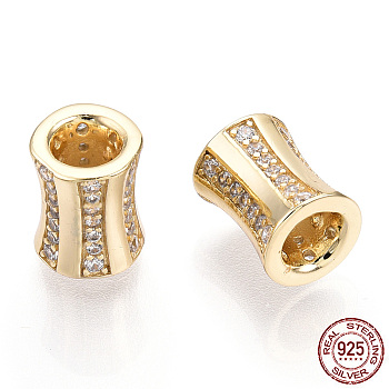 925 Sterling Silver Micro Pave Cubic Zirconia Beads, Column, Nickel Free, Real 18K Gold Plated, 9x7mm, Hole: 3.5mm