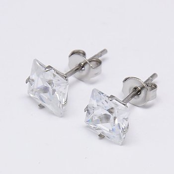 Cubic Zirconia Ear Studs, with Stainless Steel Base, Stainless Steel Color, 8x8mm, Pin: 0.7mm