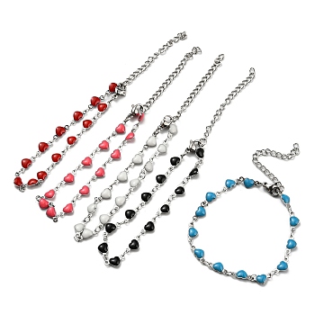 Stainless Steel Color 304 Stainless Steel Heart Link Chain Bracelet with Enamel, Mixed Color, 6-7/8 inch(17.5cm)