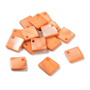 Natural Freshwater Shell Dyed Pendants, Square, Orange, 13.5x13x2mm, Hole: 1.4mm