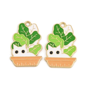 Plant & Animal Alloy Enamel Pendants, Golden, Cat with Potted, Green, 28x18.5x1mm, Hole: 2mm