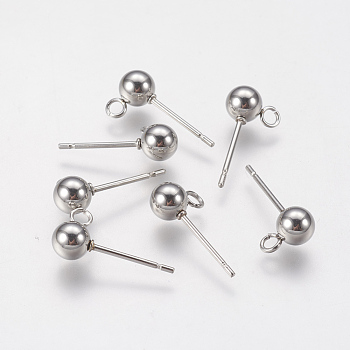 202 Stainless Steel Ball Stud Earring Findings, with 304 Stainless Steel Pins and Loop, Round, Stainless Steel Color, 16mm, Hole: 1.6mm, Pin: 0.7mm