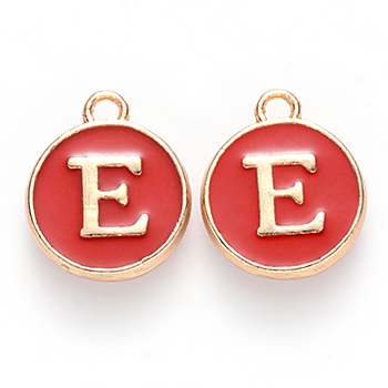 Golden Plated Alloy Enamel Charms, Cadmium Free & Lead Free, Enamelled Sequins, Flat Round, Red, Letter.E, 14x12x2mm, Hole: 1.5mm