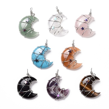 Natural & Synthetic Gemstone Pendants, with Platinum Tone Brass Wire Wrapped and Hematite Star Beads, Cadmium Free & Lead Free, Moon, 45.5~47x32.5~33.5x11~12mm, Hole: 5mm