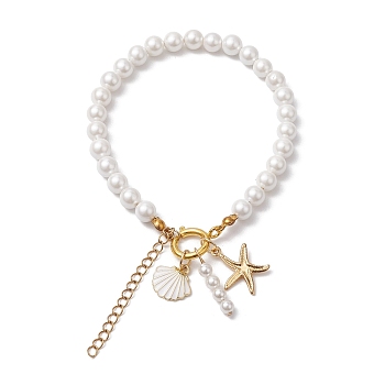 Summer Beach Shell & Starfish Charm Bracelets, 6mm Round Shell Pearl Beaded Bracelets for Women, Golden, White, 9-7/8 inch(25cm)