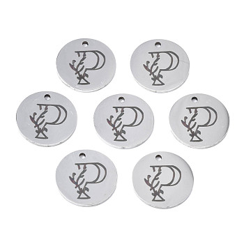 304 Stainless Steel Charms, Laser Cut, Designed Letter Engraved, Flat Round, Stainless Steel Color, Letter.P, 14x1mm, Hole: 1.2mm
