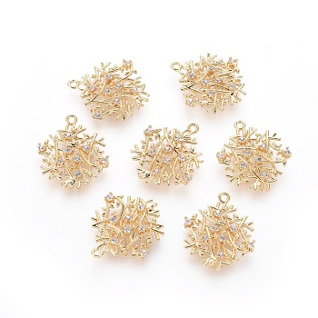 Brass Cubic Zirconia Pendants, Leafy Branches, Clear, Real 18K Gold Plated, 20.5x16x2.5mm, Hole: 1mm