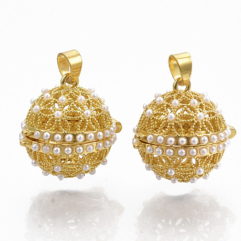 Rack Plating Brass Cage Pendants, For Chime Ball Pendant Necklaces Making, with ABS Plastic Imitation Pearl and Iron Ice Pick Pinch Bails, Hollow Round with Flower, Golden, 22x19x21.5mm, Hole: 3.5x4.5mm, inner measure: 14.5mm.