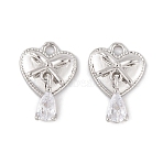 Brass Micro Pave Clear Cubic Zirconia Charms, Cadmium Free & Nickel Free & Lead Free, Long-Lasting Plated, Heart with Teardrop, Platinum, 14.5x9.5x4mm, Hole: 1mm(KK-L212-16P)