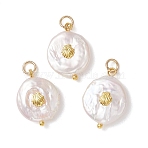 Natural Keshi Pearl Pendants, Flat Round Charms with Alloy Shell Slices, Floral White, Golden, 20~21x14.5~15x4~5.5mm, Jump Ring: 5x0.8mm, Inner Diameter: 3.3mm(PALLOY-JF04960)