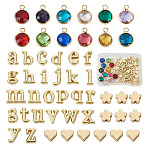 DIY Birthstone Jewelry Making Finding Kit, Including Flower & Heart Brass Beads, Flat Round Glass & Alloy Letter A~Z Pendants, Mixed Color, 5~11.5x6~11x3mm, Hole: 1.2~1.8mm, 50Pcs/box(FIND-TA0002-12)