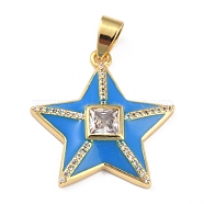 Brass Micro Pave Clear Cubic Zirconia Pendants, with Enamel, Long-Lasting Plated, Real 18K Gold Plated, Star, Dodger Blue, 25.5x24.5x5mm, Hole: 3.5x5.5mm(ZIRC-J025-30G-06)