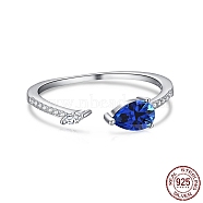Rhodium Plated 925 Sterling Silver Cuff Rings, Birthstone Ring, with Cubic Zirconia Teardrop & 925 Stamp for Women, Real Platinum Plated, Medium Blue, 0.8mm, US Size 7(17.3mm)(RJEW-A019-20-01P)