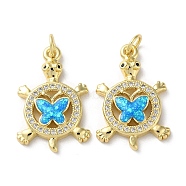 Brass Micro Pave Clear Cubic Zirconia Pendants, with Synthetic Opal and Jump Ring, Real 18K Gold Plated, Round with Butterfly, Tortoise, 23x15x3.5mm, Hole: 3.6mm(KK-C045-07G)
