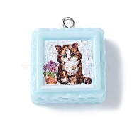 Opaque Resin Pendants, Square with Cat Charms, with Platinum Plated Iron Loops, Light Sky Blue, 25x21x8.5mm, Hole: 2mm(X-RESI-Z033-02P-A)