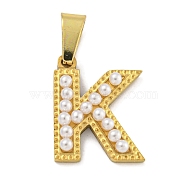 Ion Plating(IP) 304 Stainless Steel Pendants, with ABS Imitation Pearl, Letter K, 17x13.5x3.3mm, Hole: 6x3mm(STAS-U024-01K)