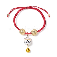 Adjustable Fortune Cat Handmade Porcelain Charm Bracelets, Coin Round Ball Brass Nylon Braided Bead Bracelets for Women, Red, Inner Diameter: 1-3/4~2-3/8 inch(4.5~6cm)(BJEW-JB10506)