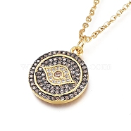 Brass Micro Pave Cubic Zirconia Pendant Necklaces, with 304 Stainless Steel Cable Chains, Flat Round with Evil Eye, Golden, Clear, 19.29 inch(49cm)(X-NJEW-L146-34B-G)
