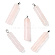 Natural Rose Quartz Pendants, Column Charms with Platinum Plated Brass Snap on Bails, 40.8~42x10~10.5mm, Hole: 7.2x4.2mm(G-E603-02P-04)