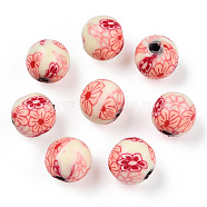 Handmade Polymer Clay Beads, Round with Flower Pattern, Beige, 10mm, Hole: 1.5~2mm(CLAY-T020-39C)