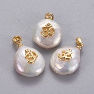 Natural Cultured Freshwater Pearl Pendants, with Brass Micro Pave Cubic Zirconia Findings, Nuggets with Yoga/Om Symbol, Long-Lasting Plated, Golden, Clear, 17~27x12~16x6~12mm, Hole: 4x2.5mm(KK-L187-04B)