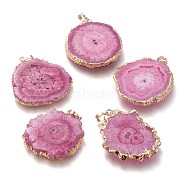 Dyed Natural Druzy Solar Quartz Crystal Pendants, Edge Plated, with Brass Bails, Sunflower, Golden, Hot Pink, 40~50x30~45x5~6mm, Hole: 4x6mm(G-F693-01A-G)