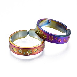 304 Stainless Steel Moon and Star Cuff Ring, Rainbow Color Open Ring for Women, US Size 8 3/4(18.7mm)(RJEW-N038-079)