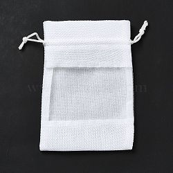 Linen Pouches, Drawstring Bags, with Organza Windows, Rectangle, White, 14x10x0.5cm(ABAG-I009-02A)
