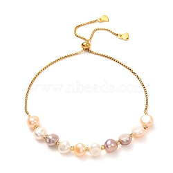Natural Pearl Beads Adjustable Slider Bracelet for Girl Women Gift, Brass  Charms, 304 Stainless Steel Cubic Zirconia Box Chain Bracelet, Colorful, 0.79~3.23 inch(20~82mm)(BJEW-JB06820-02)