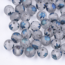 Autumn Theme Electroplate Transparent Glass Beads, Frosted, Round with Maple Leaf Pattern, Steel Blue, 8~8.5mm, Hole: 1.5mm(X-EGLA-S178-01C)