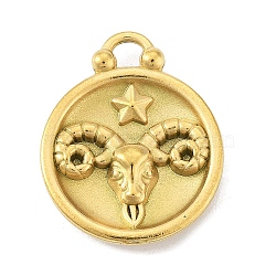 Real 18K Gold Plated Tone 304 Stainless Steel Pendants, Flat Round with Constellations Charm, Aries, 20.5x17x3mm, Hole: 2.5x2.5mm(STAS-K291-01G-01)