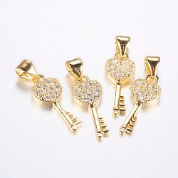 Long-Lasting Plated Brass Micro Pave Cubic Zirconia Pendants, Heart Key, Real 18K Gold Plated, 18x7x2.5mm, Hole: 3.5mm(ZIRC-F069-45G)