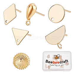 10Pcs 5 Style Brass Stud Earring Findings, with 10Pcs Ear Nuts, Real 18K Gold Plated, 7~12.5x7~16x0.5~4mm, Hole: 0.9~1mm, Pin: 0.7~0.8mm, 2pcs/style(DIY-BBC0001-04)