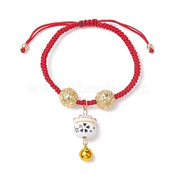 Adjustable Fortune Cat Handmade Porcelain Charm Bracelets, Coin Round Ball Brass Nylon Braided Bead Bracelets for Women, Red, Inner Diameter: 1-3/4~2-3/8 inch(4.5~6cm)(BJEW-JB10506)