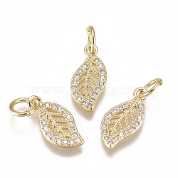 20Pcs Brass Micro Pave Cubic Zirconia Charms, with Jump Ring, Long-Lasting Plated, Leaf, Clear, Real 18K Gold Plated, 13x6x1mm, Hole: 3mm(ZIRC-SZ0001-88)