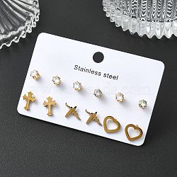 304 Stainless Steel Micro Pave Cubic Zirconia Stud Earrings Kits For Women, Mixed Shape, Golden, 8.5~10.5x8~12mm(EJEW-B112-01G-01)