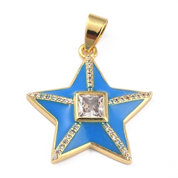 Brass Micro Pave Clear Cubic Zirconia Pendants, with Enamel, Long-Lasting Plated, Real 18K Gold Plated, Star, Dodger Blue, 25.5x24.5x5mm, Hole: 3.5x5.5mm