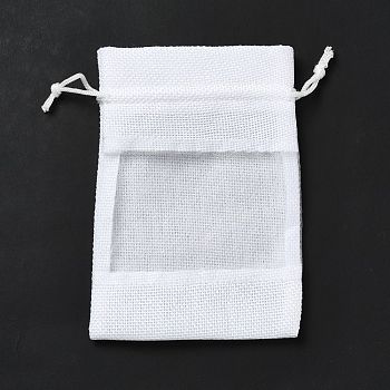 Linen Pouches, Drawstring Bags, with Organza Windows, Rectangle, White, 14x10x0.5cm