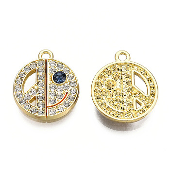Rack Plating Alloy Pendants, with Rhinestone, Cadmium Free & Nickel Free & Lead Free, Flat Round with Smiling Face, Light Gold, 21x18x3.5mm, Hole: 1.8mm