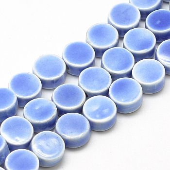 Handmade Porcelain Beads, Bright Glazed Porcelain, Flat Round, Cornflower Blue, 8~8.5x4~4.5mm, Hole: 2mm