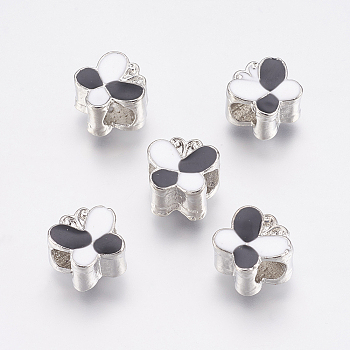 Alloy European Beads, Large Hole Beads, with Enamel, Butterfly, Platinum, Black, 11x12x8mm, Hole: 5mm