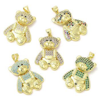 Brass with Cubic Zirconia Pendants, Jewelry for Women, Long-Lasting Plated, Bear Charm, Mixed Color, 27.5x20.5x5mm, Hole: 3.5x5mm.