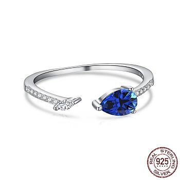 Rhodium Plated 925 Sterling Silver Cuff Rings, Birthstone Ring, with Cubic Zirconia Teardrop & 925 Stamp for Women, Real Platinum Plated, Medium Blue, 0.8mm, US Size 7(17.3mm)