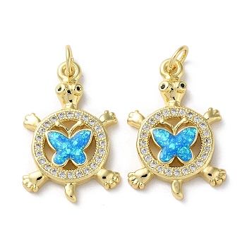 Brass Micro Pave Clear Cubic Zirconia Pendants, with Synthetic Opal and Jump Ring, Real 18K Gold Plated, Round with Butterfly, Tortoise, 23x15x3.5mm, Hole: 3.6mm