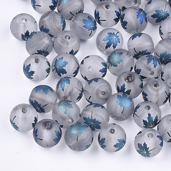 Autumn Theme Electroplate Transparent Glass Beads, Frosted, Round with Maple Leaf Pattern, Steel Blue, 8~8.5mm, Hole: 1.5mm