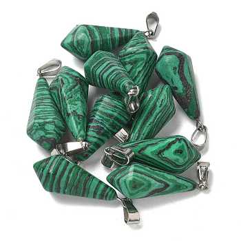 Synthetic Malachite Pointed Pendants, Faceted Bullet Shape Charms with 201 Stainless Steel Snap on Bails, Stainless Steel Color, 27~30.5x13x13mm, Hole: 4x7mm