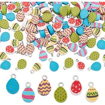 CHGCRAFT 144Pcs 6 Style Handmade Polymer Clay Charms, with Platinum Tone Iron Loop, Easter Egg, Mixed Color, 13.56~15x8~9.5x4~5mm, Hole: 2mm, 24pcs/style