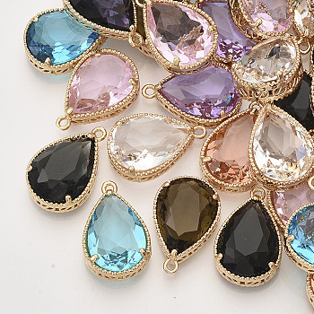 Faceted Glass Pendants, with Golden Tone Brass Open Back Settings, Teardrop, Mixed Color, 23x15.5x6.5mm, Hole: 1.5mm