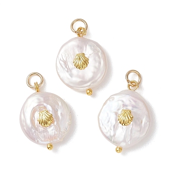 Natural Keshi Pearl Pendants, Flat Round Charms with Alloy Shell Slices, Floral White, Golden, 20~21x14.5~15x4~5.5mm, Jump Ring: 5x0.8mm, Inner Diameter: 3.3mm